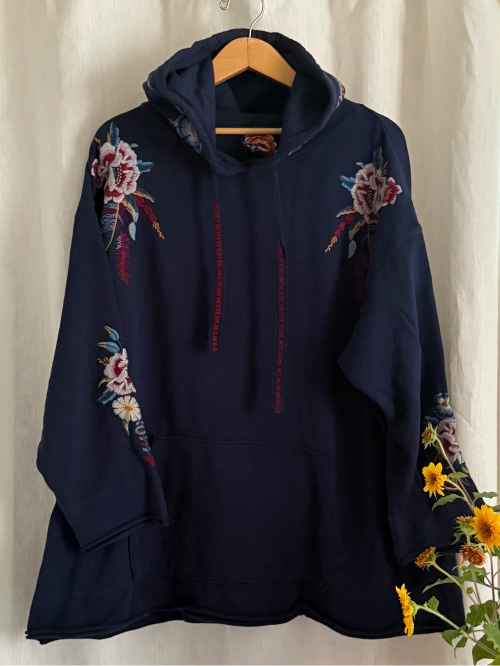 Johnny Was Embroidered Hoodie XXL Navy Floral Cotton Boho Pullover Sweatshirt
